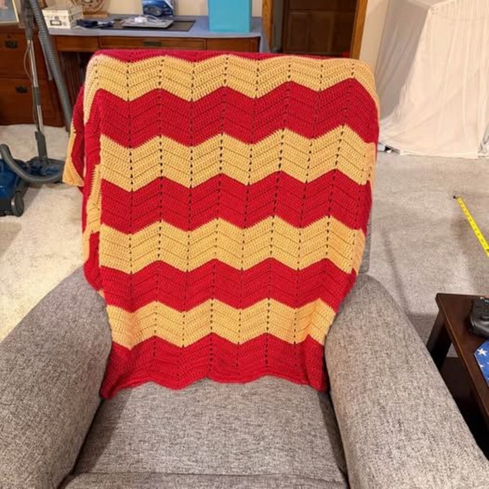 Handmade Red and Gold Chevron Crochet Blanket